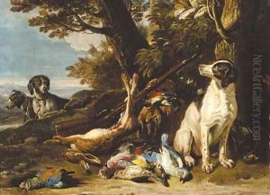 Hounds with dead game and a rifle in a landscape by David de Coninck