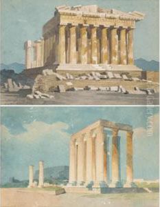 A View Of The Acropolis & A View Of The Temple Of Olympus Zeus by Giovanni Giordano Lanza