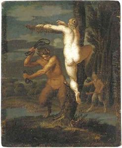 A satyr flogging a nymph by Agostino Carracci