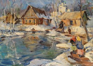 Russian Town In Thesnow by Georgi Alexandrovich Lapchine