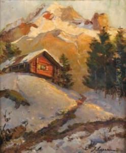 Chalet Dans La Montagne Enneigee by Georgi Alexandrovich Lapchine