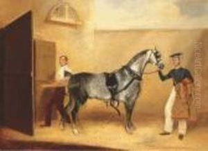 A Fourth Light Dragoons Trooper With A Grey Carriage Horse Outside A Stable A Fourth Light Dragoons Trooper With A Grey Carriage Horse Outside A Stable