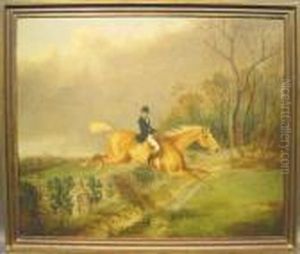 A Hunt In Full Cry, With Rider Taking A Wall by George Henry Laporte