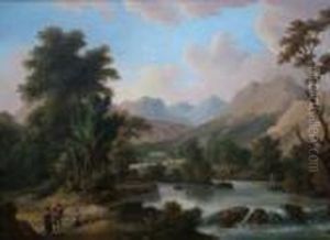 Figures By A River In A Wooded Mountain Landscape And Drovers On A Mountain Track