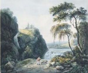 "paysage De La Campagne Anglaise A La Cascade Avec Un Patre Et Ses Moutons En Chemin". by John Laporte