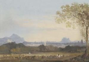 A Distant View Of Edinburgh From
 The North-east Showing The Castle, St Giles Cathedral On The Royal Mile
 And Salisbury Crags