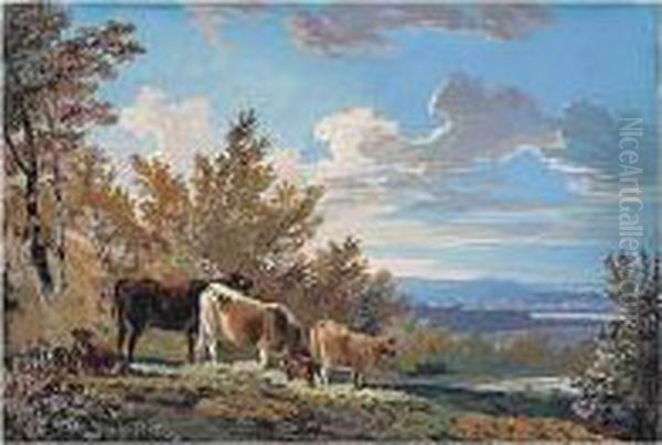 Cattle Grazing On A Hill, A River Beyond - view 1