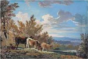 Cattle Grazing On A Hill, A River Beyond