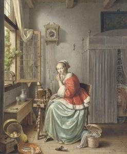 A Spinner Sitting Beside An Open Window by Willem Joseph Laquy