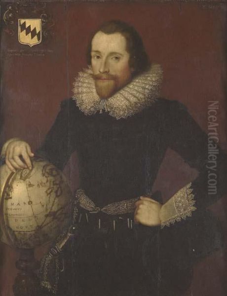 Portrait Of A Gentleman,
Standing Three-quarter-length, In A Blackdoublet With White Lace Collar
And Cuffs, His Right Hand On A Globepointing At Greenland - view 1