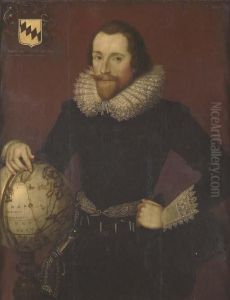 Portrait Of A Gentleman, 
Standing Three-quarter-length, In A Blackdoublet With White Lace Collar 
And Cuffs, His Right Hand On A Globepointing At Greenland
