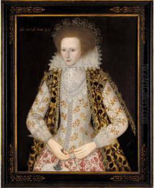 Portrait Of Elizabeth Honeywood,
Three-quarter Length, Standing, Wearing A Rich Embroidered Dress, And
Holding A Fan - view 1