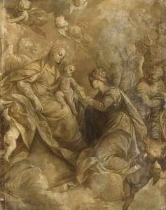 The Mystic Marriage of Saint Catherine of Alexandria, with angels and cherubim, en grisaille by Donato Creti
