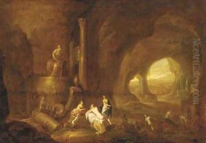 The interior of a grotto with nymphs bathing by Abraham van Cuylenborch