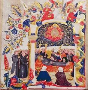 Inhabited initial A depicting the Funeral of St Francis by Cristoforo Cortese