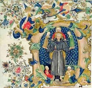 St Francis in Glory surrounded by Chastity Poverty and Obedience with Lust and Avarice at his feet by Cristoforo Cortese
