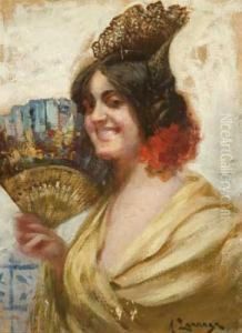 Manola Con Abanico by Andres Larraga Y Montaner
