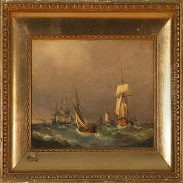 Marine With Several Sailing Ships In Rough Sea - view 1