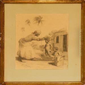 A Mother Bathing Her Children On The Virgin Islands by Hugo Valdemar Larsen