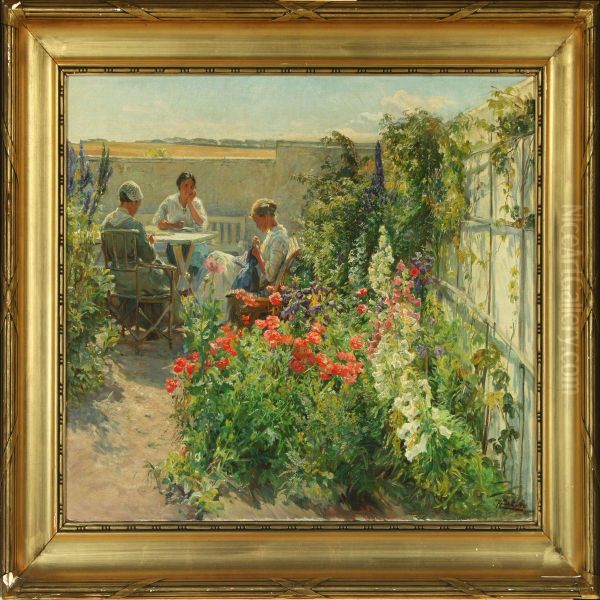 Three Women Seated At A Table In A Flowering Garden - view 1