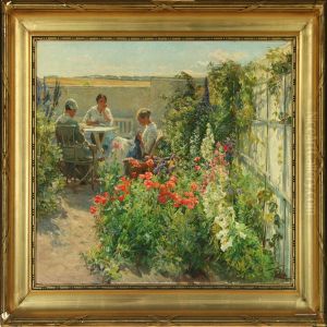 Three Women Seated At A Table In A Flowering Garden