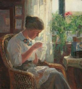 Lady Sewing By A Window by Knud Larsen