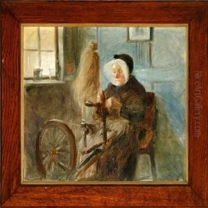 Country Interior With A Peasant Wife At Her Spinning Wheel by Knud Larsen