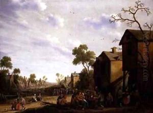Village scene with peasants merrymaking by Joost Cornelisz