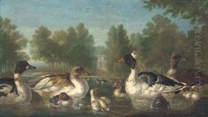 Ducks on a pond with a pavilion beyond by Marmaduke Cradock