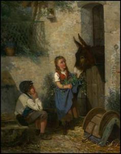 Children Feeding A Donkey - view 1