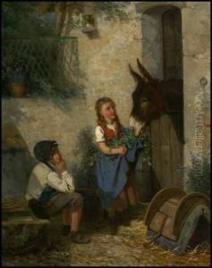 Children Feeding A Donkey by Louis Simon Lassalle