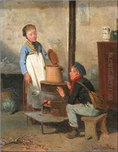 Young Maid And Boy Warming Themselves By A Stove