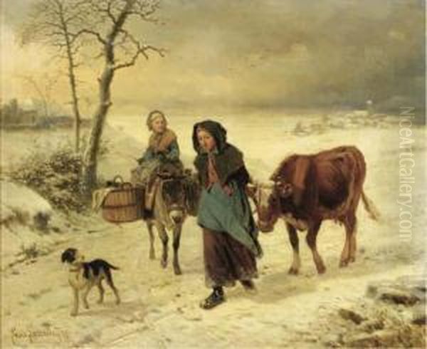 Farmgirls On A Path In Winter - view 1