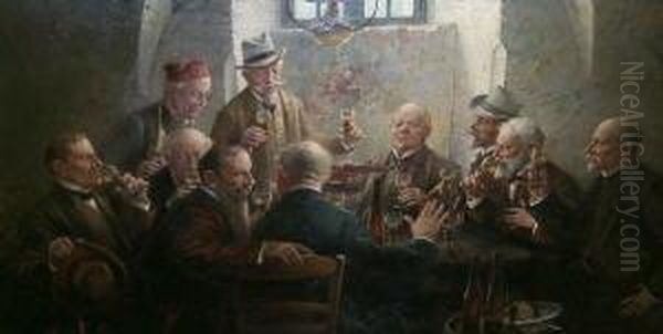 Herrengesellschaft Wahrend Einer Weinprobe. Unten Rechts Signiert Hans Lassen Df. 1909 - view 1