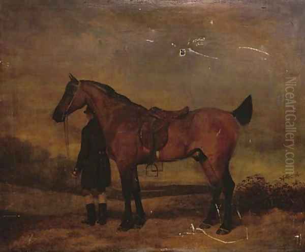 Portrait of a hunter and groom, in an extensive landscape - view 1