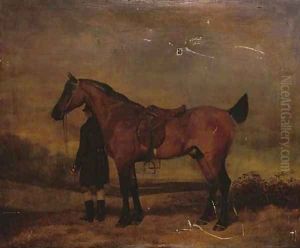 Portrait of a hunter and groom, in an extensive landscape by Abraham Cooper