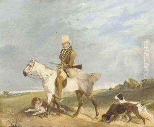 A huntsman on his pony with his gundogs by Abraham Cooper