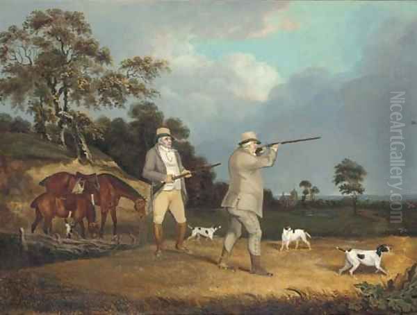 Gentleman shooting partridge, with pointers in a landscape - view 1
