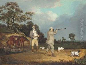 Gentleman shooting partridge, with pointers in a landscape