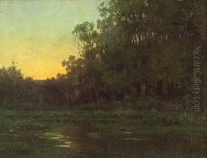 Secluded Pond At Sunset by Lorenzo Palmer Latimer
