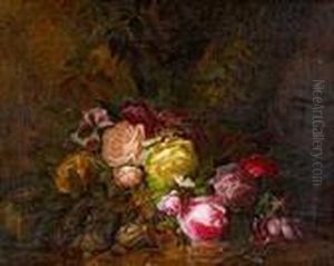 Stillleben Mit Rosen Und Insekten An Einem Waldbachlein by Josef Lauer