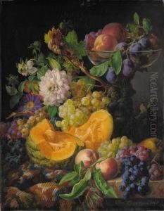 Peaches, Plums, Grapes And A Melon With Autumn Flowers On A Draped, Marble Ledge by Josef Lauer