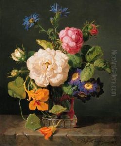 Damask Roses, Bourbon Roses, 
Michaelmas Daisies, Nasturtiums Andpolyanthus Primulas In A Vase
