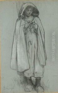 Bergere Tricotant
 Crayon Noir Et Rehauts De Gouache, Mis Aux Carreaux
