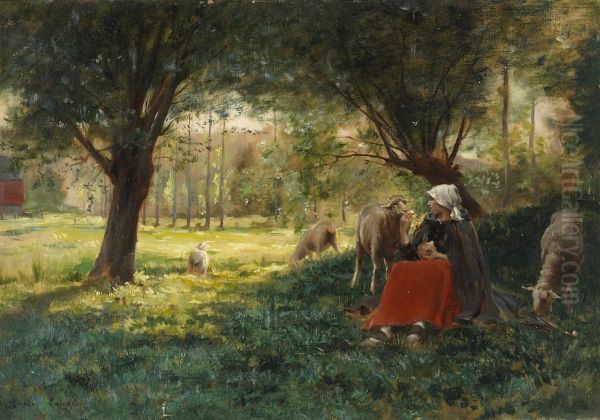 A Shepherdess With Her Flock In A Wooded Grove - view 1