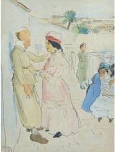 La Femme Orientale Et Le Soldat Plume Et Aquarelle by Jean Launois