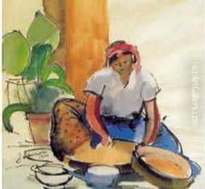 La Preparation Du Couscous Aquarelle, Signee En Bas A Gauche Et Datee 1920 by Jean Launois