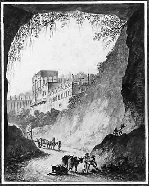 Workers and donkeys by a cave, a castle in the background - view 1