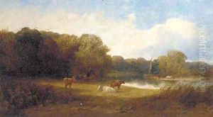 A tranquil river landscape with cattle in the foreground by George Snr Cole
