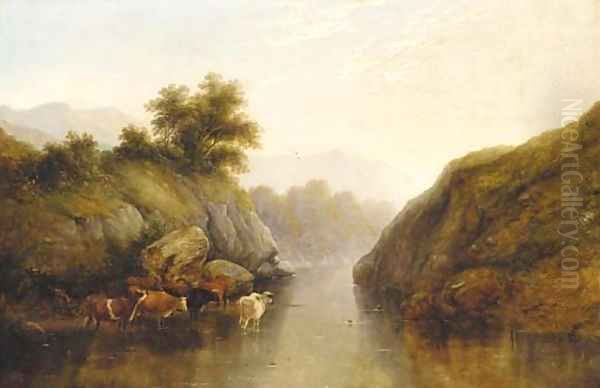 Cattle watering in a river valley landscape - view 1